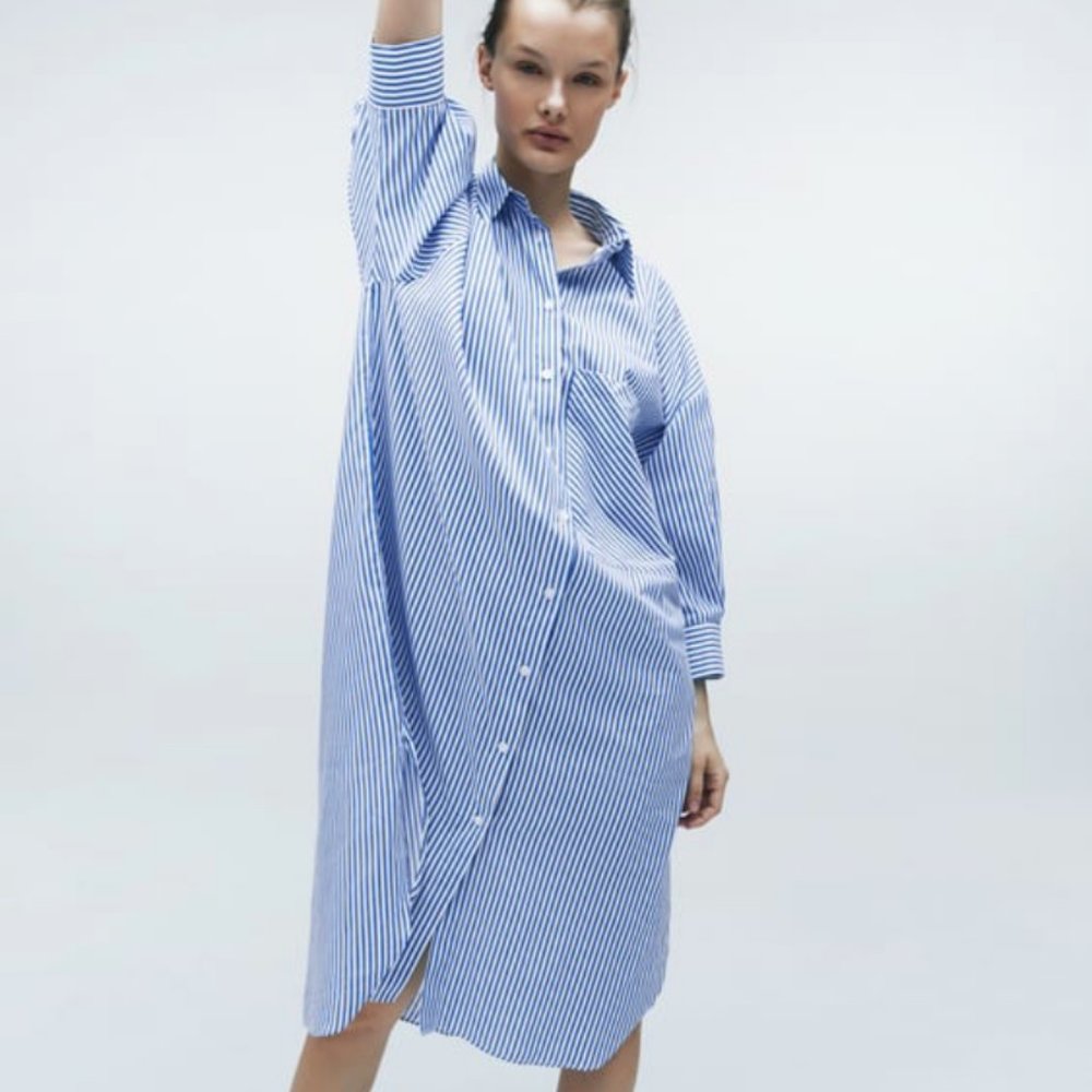 Zara Blue Striped Shirt Dress - Size S